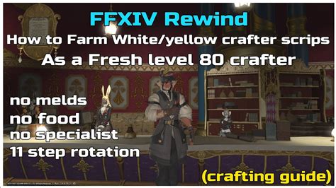 How to get white crafter scrips ffxiv - At level 80 it changes to white scrips. The rewards are based on job level and not the recipe level. Aside from custom delivery (to NPCs like Zhloe), you can also gain yellow scrips by doing collectible turn-ins at Rowena representatives at each city. But if I remember correct you need to first talk to an NPC in Mor Dhona.